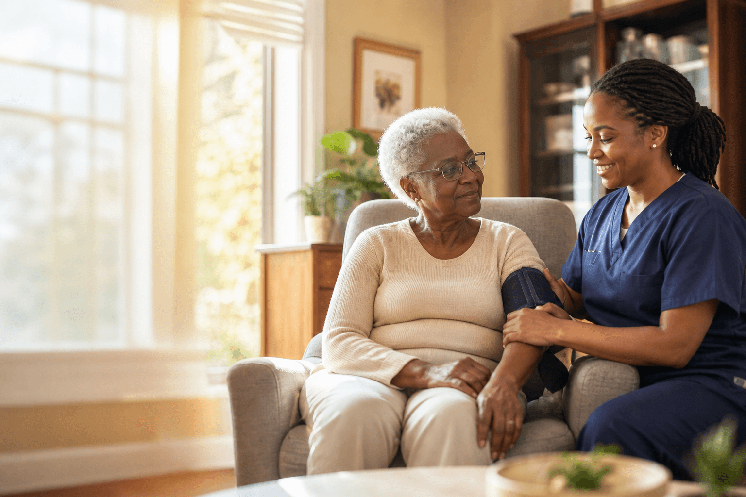 A Black caregiver supporting an elderly Black patient in a warm, sunlit home